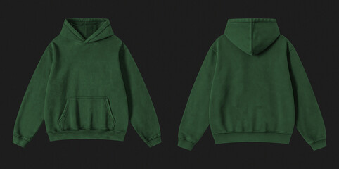 Blank Washed Dark Green Hoodie Front and Back View Isolated on Black Background © Drip