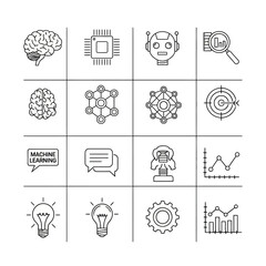 Artificial Intelligence, Machine Learning, and Data Science Outline Icon Set.