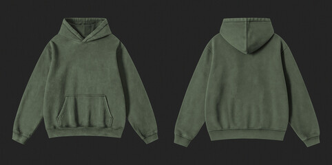 Blank Washed Khaki Green Hoodie Front and Back View Isolated on Black Background © Drip