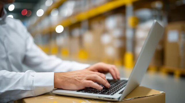 Medium shot of a post office storehouse worker reviewing delivery data on a laptop, hand guiding a mouse, stacks of packages and industrial shelving softly blurred, highlighting or