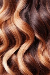 Naklejka premium Close up of flowing brown and blonde wavy hair strands with subtle highlights.