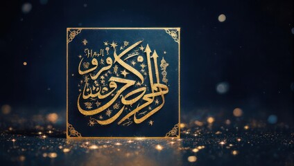 Elegant Islamic Calligraphy on Dark Background with Golden Accents and Bokeh Lights.