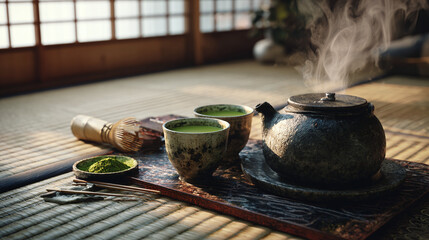 An intimate and serene moment of a traditional tea ceremony set indoors, evoking a sense of tranquility and cultural appreciation. Featuring tea set with green tea