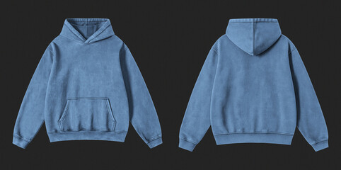 Blank Washed Steel Blue Hoodie Front and Back View Isolated on Black Background © Drip