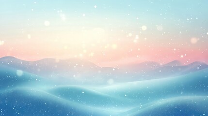Dreamy abstract winter landscape showing gentle snow falling over rolling hills, illuminated by a warm gradient sky transitioning from soft blue to delicate pink and orange hues