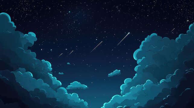 Deep blue night sky filled with twinkling stars and multiple glowing shooting stars streaks, surrounded by soft, stylized teal clouds creating an imaginative, tranquil atmosphere