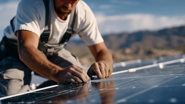 Medium shot of hands aligning mixed solar panels on multi-material roof surfaces, sunlight catching metallic frames and glass surfaces, subtle shadows emphasizing careful adjustmen