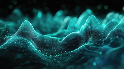 Glowing teal blue digital waves form a flowing data surface and network grid, conveying connectivity, big data analytics, ai, quantum computing, and futuristic information flow