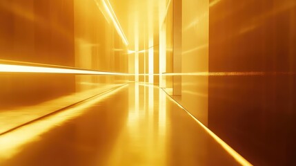 Glowing golden corridor showing digital pathways and abstract architectural lines, illustrating technological advancements, speed, and immersive virtual experiences