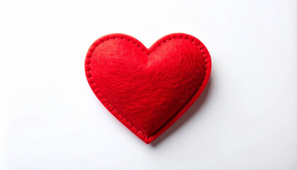Obraz premium Red felt heart shape isolated on clean white backdrop, soft texture and bright color, minimalist