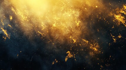Fototapeta premium Golden glittering dust particles scattering across a dark blue abstract background, creating a vibrant golden glow and light effect suitable for luxury or cosmic themes