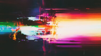 Digital glitch background shows vibrant colors and horizontal lines, illustrating data corruption, communication disruption, and modern technology error