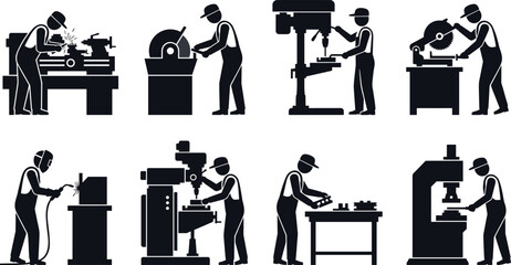 Industrial factory workers illustration, manufacturing processes with machines, engineering production concept, skilled labor activities, workshop equipment, silhouettes, industrial work