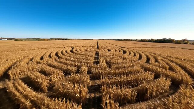 Mysterious Crop Circle Formation in Golden Wheat Field Under Clear Blue Sky.