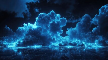 Digital landscape presenting glowing blue cloud formations above a complex grid reflecting data processing and networked technology with futuristic innovation