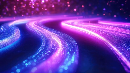 Dynamic flow of luminous particles creating abstract light trails in blue and purple hues, representing fast digital information transfer and modern technological communication