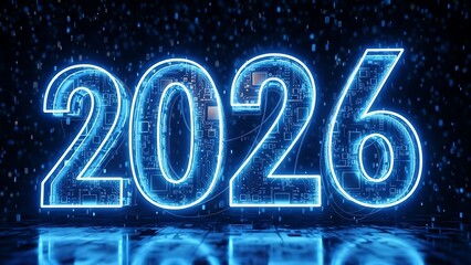 Glowing blue futuristic digital numbers 2026 on dark circuit board background with falling data particles