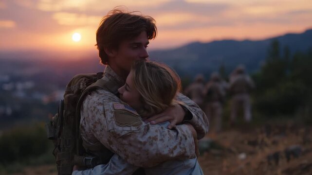 Reunion scene with a soldier lifting a loved one during a heartfelt hug, vivid sunset sky filling the frame, fellow troops standing nearby in quiet pride