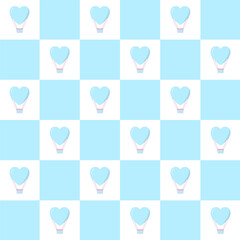 Happy Valentine's Day seamless pattern.Checker board with heart shaped hot air balloon in pastel blue.Cute vector graphic illustration wallpaper.