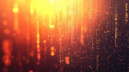 Abstract digital background of glowing golden particles and descending binary code, symbolizing global network connectivity, data transfer and artificial intelligence systems