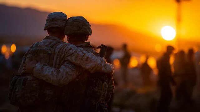Soldier in uniform embracing a loved one tightly as the golden sunset casts warm light across a military gathering, silhouettes of fellow service members standing respectfully near