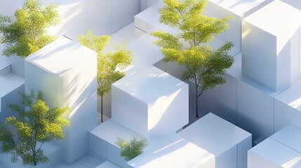 Green trees and shrubs flourish among white geometric cubes, illustrating sustainable urban planning and eco friendly modern design blending nature with minimalist city architecture