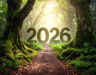 2026 Green Mossy Plant Archway in Deep Forest - Eco Growth Concept.