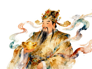 Fototapeta premium Wealth God's Prosperity Blessing: A vibrant watercolor illustration of a deity bestowing blessings, offering symbols of fortune and abundance.