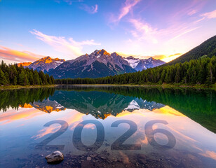 2026 New Year Glowing Lights Floating on Calm Mountain Lake with Sunset Reflection - Scenic Nature Landscape. Ai generative image