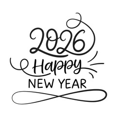 2026 Happy New Year Script Calligraphy with Swirls and Flourishes