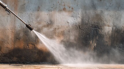 an industrial environment where a cleaning process is underway. a high pressure stream of water is directed from a nozzle towards a dark surface, which appears to be a conveyor belt or machine part