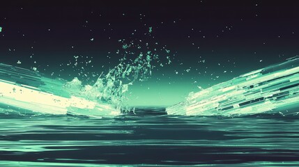 Abstract digital data breaking and scattering into numerous bright fragments, creating a dynamic visual effect resembling a surge of information or a technological disruption