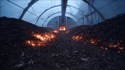 Obraz premium Ember Glow: Heaps of smoldering organic material in a covered space, fire dances along the edges, creating an intriguing and mysterious atmosphere, contrasting heat and darkness.