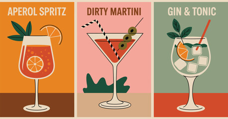 Alcohol cocktails poster set, featuring popular drinks like aperol spritz, girty martini, gin and tonic, vintage style illustrations ideal for bar, restaurant, pub, and kitchen artwork.