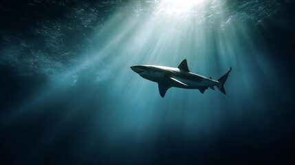 Ocean Shark Swimming Deep Water Sun Rays Marine Life
