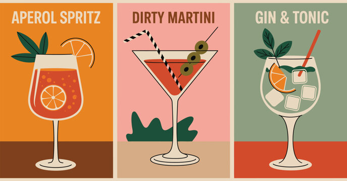 Alcohol cocktails poster set, featuring popular drinks like aperol spritz, girty martini, gin and tonic, vintage style illustrations ideal for bar, restaurant, pub, and kitchen artwork.