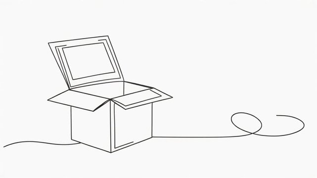 Minimalist line open cardboard box with lid ajar and coiled string representing delivery shipping logistics continuous one line animation.