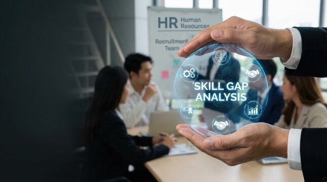 HR Human resources Recruitment Team Staff management Business concept. Hands holding a transparent Skill Gap Analysis sign over a business meeting.
