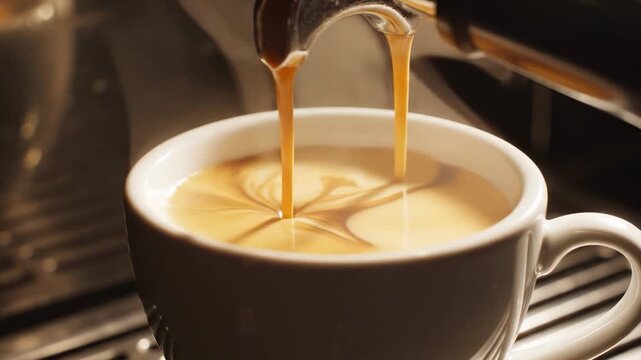 Close-up of rich espresso being poured into a creamy latte, creating a beautiful swirling pattern