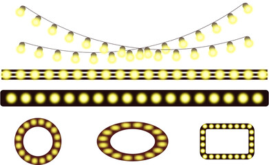 Glowing decorative light elements set with string lights, LED strips, marquee frames and luminous shapes. Perfect for festive design, banners, backgrounds, signage and celebration graphics.