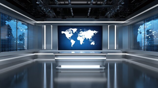 Fototapeta Clean, modern news studio with world map backdrop, shining floor, and sleek desk. A global information space for broadcasting, media, and digital reporting.