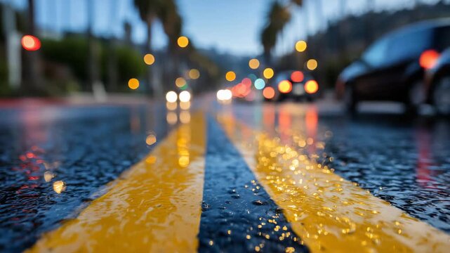 Wet city street in early morning, yellow lane divider reflecting soft sunrise light, puddles along road edges, cars in the distance blurred, conveying safe driving awareness