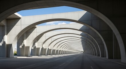 Fototapeta premium Modern concrete archway tunnel structure with a road disappearing into the distance