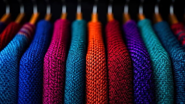Colorful knit sweater row wool texture cozy fashion winter clothing wardrobe boutique pattern textile detail vibrant hanger colorful sweater rack