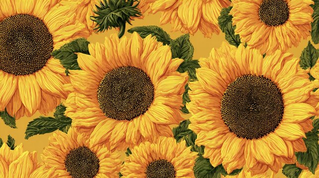 Fototapeta Golden Sunflowers Summer Blooms Nature Pattern 