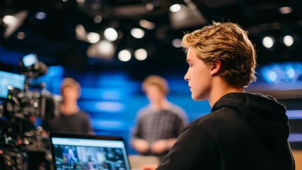 Young director seated by a large screen, assessing angles while crew members adjust lenses and reposition soft lighting panels to achieve the perfect look