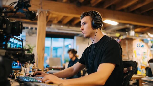 Young director wearing headphones, monitoring a take on the screen as the crew fine-tunes camera angles and sound equipment in a spacious creative workspace