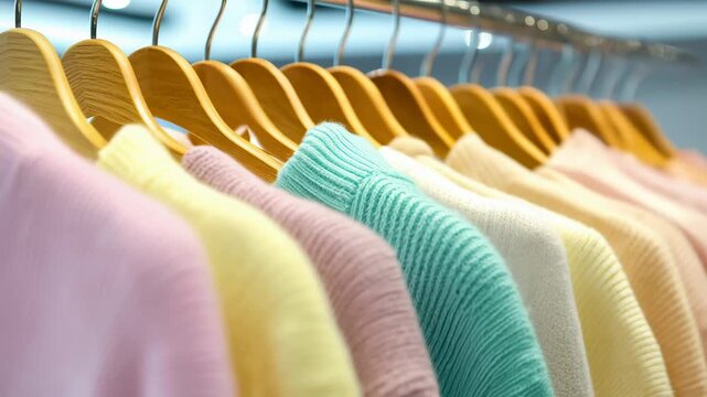 Pastel sweater knit cotton soft cozy boutique hanger wardrobe display, gentle color palette and minimalist style, neat row of colorful knit sweaters