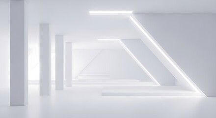 Modern minimalist white space featuring glowing lines and architectural columns, creating a futuristic ambiance