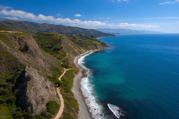 Obraz premium This beautiful coastal image features a winding path alongside a stunning blue ocean, framed by rocky cliffs and lush greenery under a bright sky.